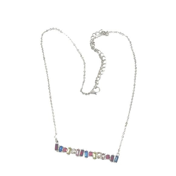 Silver-Tone Chain Necklace With Multi-Color Gem Accents & Abstract Bar Pendant - Picture 2 of 10